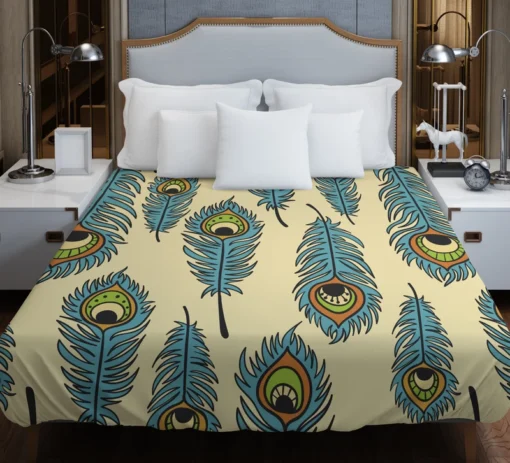 Peacock Feather Hand Drawn Design Duvet Cover