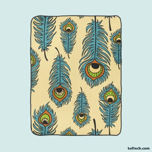 Peacock Feather Hand Drawn Design Fleece Blanket 1