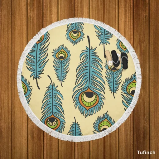 Peacock Feather Hand Drawn Design Round Beach Towel