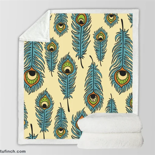 Peacock Feather Hand Drawn Design Sherpa Fleece Blanket