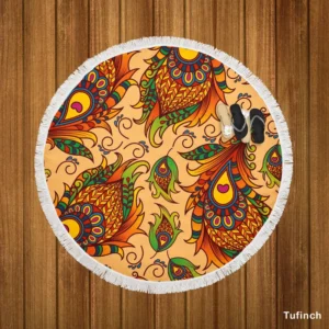 Peacock Feathers Oriental Style Round Beach Towel