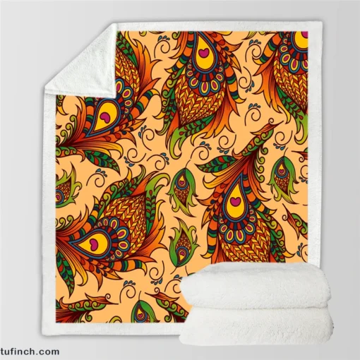 Peacock Feathers Oriental Style Sherpa Fleece Blanket