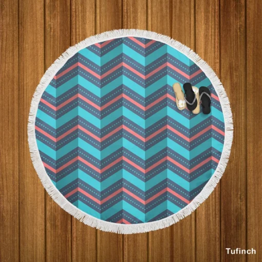 Pink And Blue Retro Chevron Round Beach Towel