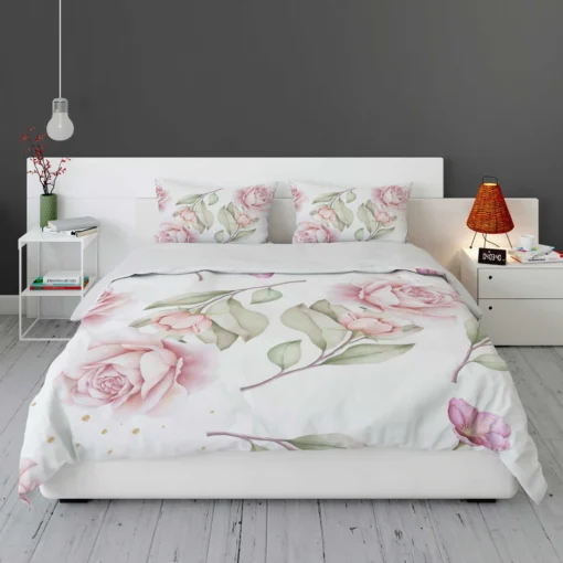 Pink And White Rose Watercolor Bedding Set 1