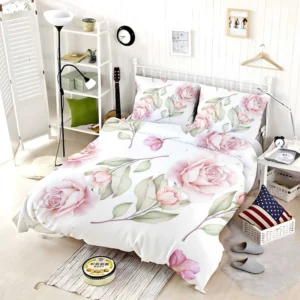 Pink And White Rose Watercolor Bedding Set