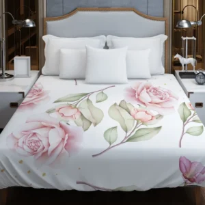 Pink And White Rose Watercolor Duvet Cover