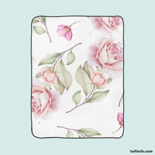 Pink And White Rose Watercolor Fleece Blanket 1