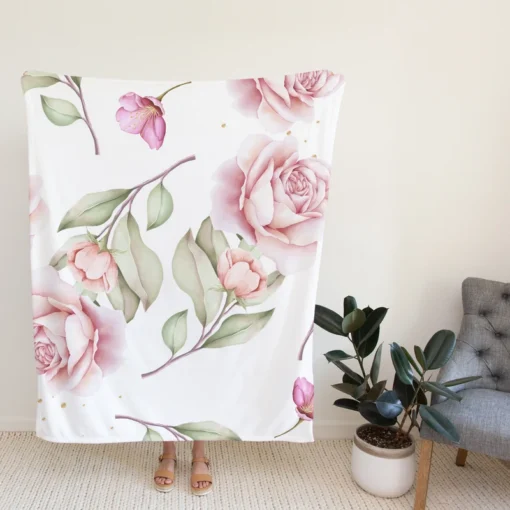 Pink And White Rose Watercolor Fleece Blanket