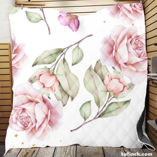 Pink And White Rose Watercolor Quilt Blanket