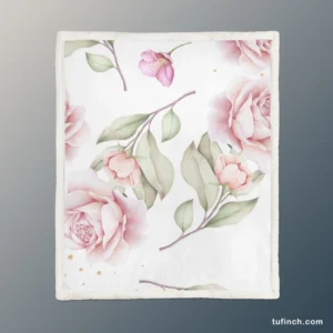 Pink And White Rose Watercolor Sherpa Fleece Blanket 1