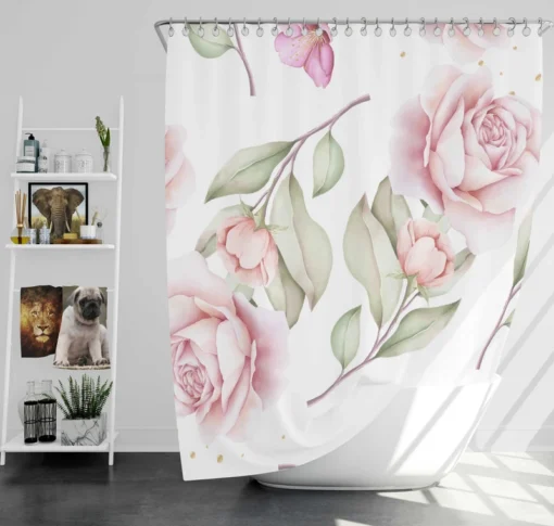 Pink And White Rose Watercolor Shower Curtain