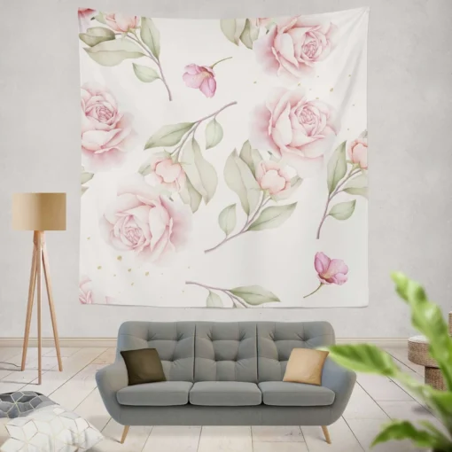 Pink And White Rose Watercolor Wall Tapestry