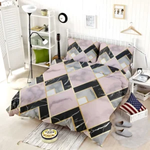 Pink Black Grey Marble Argyle Pattern Bedding Set