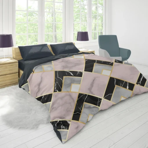 Pink Black Grey Marble Argyle Pattern Duvet Cover 1