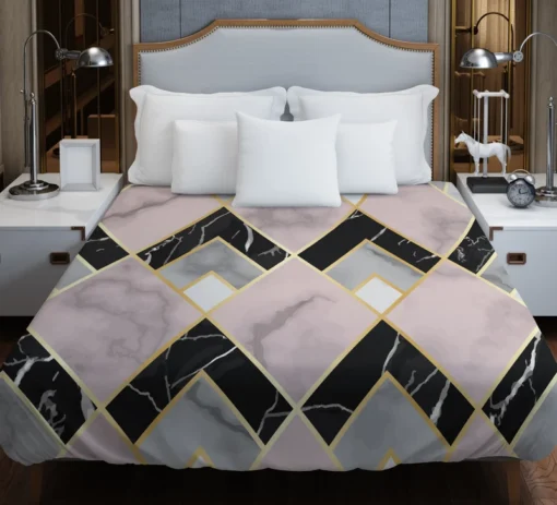 Pink Black Grey Marble Argyle Pattern Duvet Cover