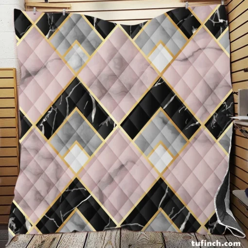 Pink Black Grey Marble Argyle Pattern Quilt Blanket