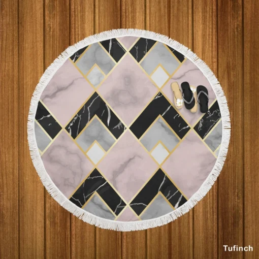 Pink Black Grey Marble Argyle Pattern Round Beach Towel