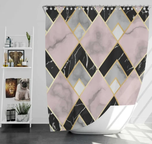 Pink Black Grey Marble Argyle Pattern Shower Curtain