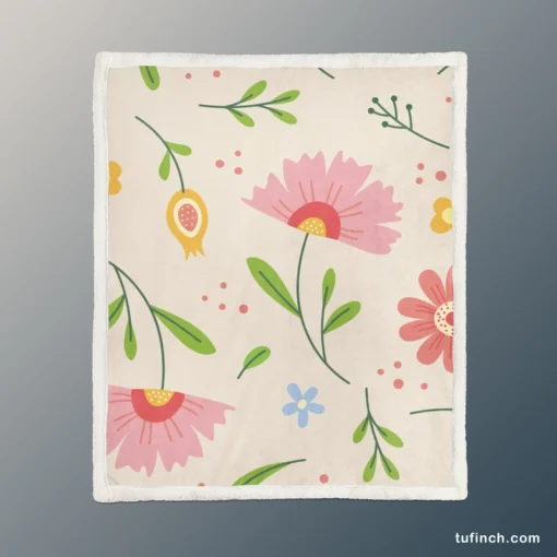 Pink Blooming Flowers Sherpa Fleece Blanket 1