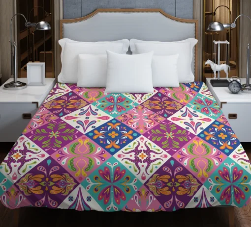 Pink Blue Purple White Mexican Talavera Duvet Cover