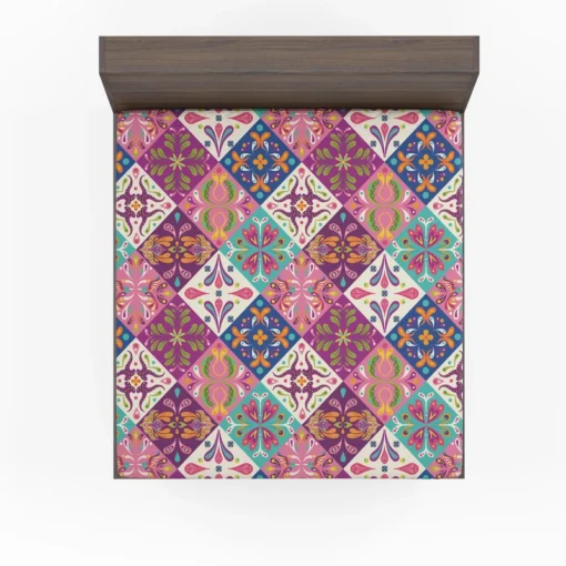 Pink Blue Purple White Mexican Talavera Fitted Sheet