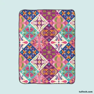 Pink Blue Purple White Mexican Talavera Fleece Blanket 1