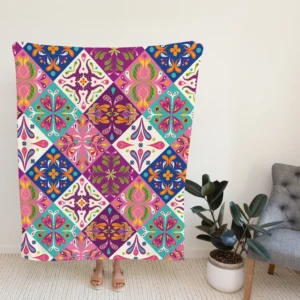 Pink Blue Purple White Mexican Talavera Fleece Blanket