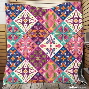 Pink Blue Purple White Mexican Talavera Quilt Blanket