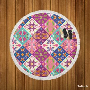 Pink Blue Purple White Mexican Talavera Round Beach Towel