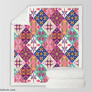 Pink Blue Purple White Mexican Talavera Sherpa Fleece Blanket