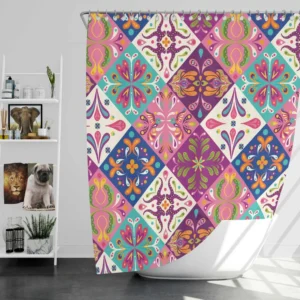 Pink Blue Purple White Mexican Talavera Shower Curtain