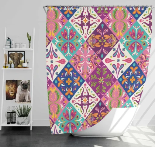 Pink Blue Purple White Mexican Talavera Shower Curtain