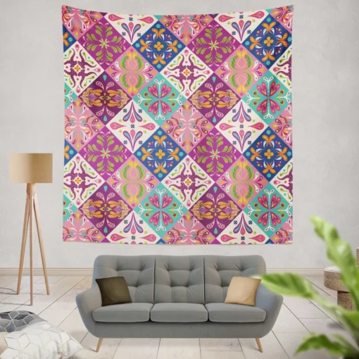 Pink Blue Purple White Mexican Talavera Wall Tapestry