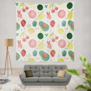 Pink Guava Pattern with Green Leaves Wall Tapestry