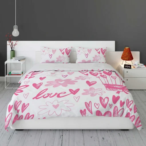 Pink Heart Balloons Love Text Bedding Set 1