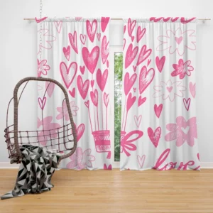 Pink Heart Balloons Love Text Curtain