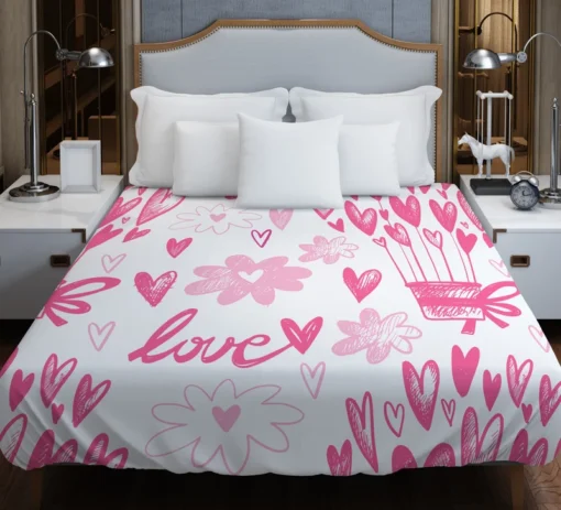 Pink Heart Balloons Love Text Duvet Cover