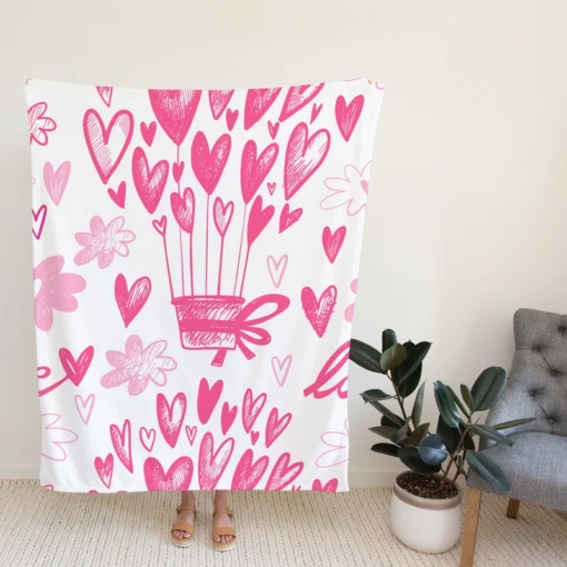 Pink Heart Balloons Love Text Fleece Blanket