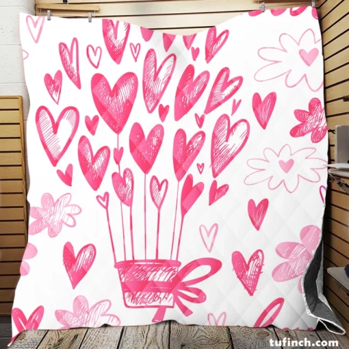 Pink Heart Balloons Love Text Quilt Blanket