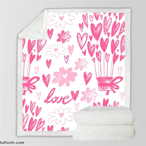 Pink Heart Balloons Love Text Sherpa Fleece Blanket