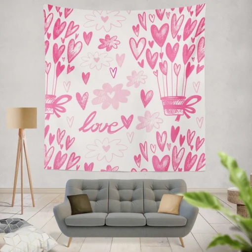 Pink Heart Balloons Love Text Wall Tapestry