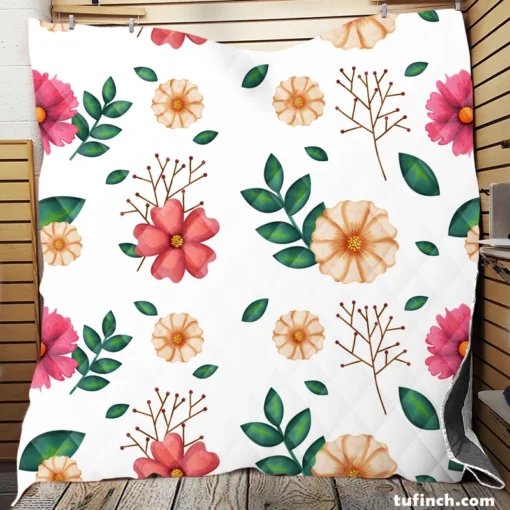 Pink Orange Cosmos Flowers Quilt Blanket