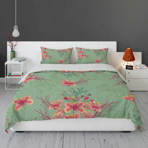 Pink Peacock Watercolor Floral Bedding Set 1