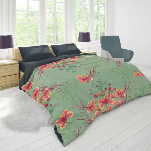 Pink Peacock Watercolor Floral Duvet Cover 1