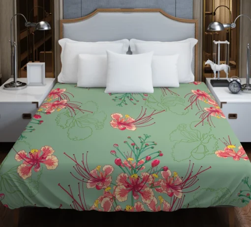 Pink Peacock Watercolor Floral Duvet Cover