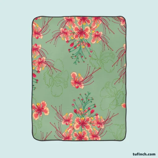 Pink Peacock Watercolor Floral Fleece Blanket 1