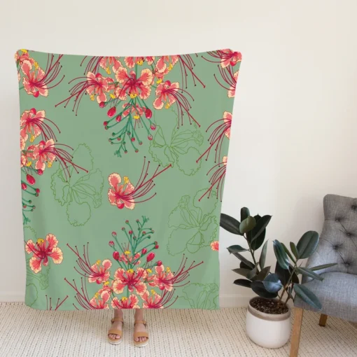 Pink Peacock Watercolor Floral Fleece Blanket