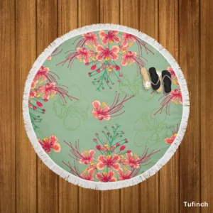 Pink Peacock Watercolor Floral Round Beach Towel