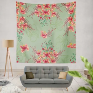 Pink Peacock Watercolor Floral Wall Tapestry