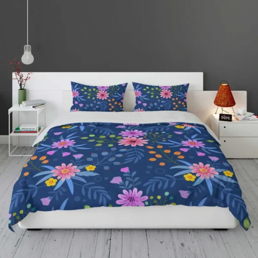 Pink Purple Hand Drawn Flowers On Blue Bedding Set 1